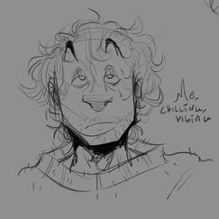 uncoloured semi-realistic art of a young white man with neck length wavy hair. he has a blank expression and he is wearing a large sweater. the background is light grey. text next to the drawing says 'me, chilling vibing'